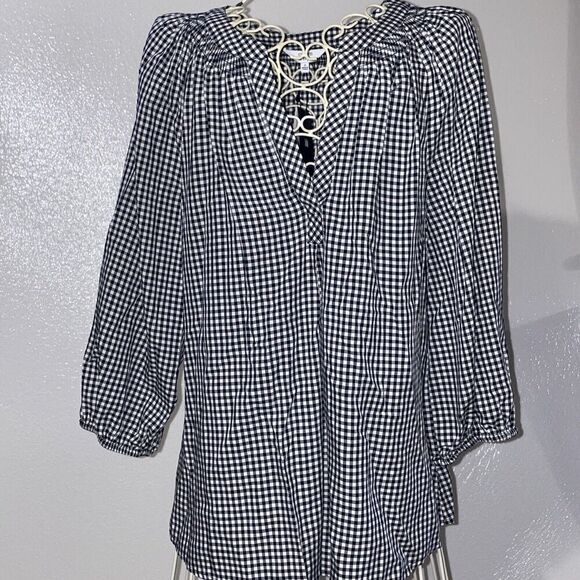 M & M Tops - Womans Crown & Ivy New With Tags Size M Navy Check Peasant 100% Rayon